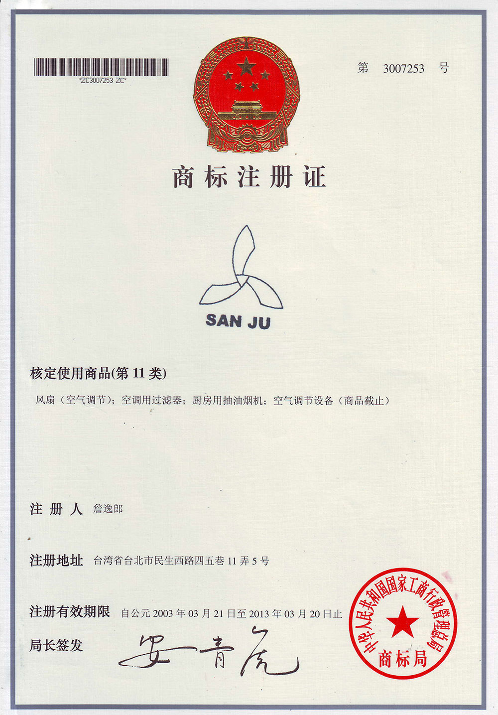 San Ju trademark registration certificate