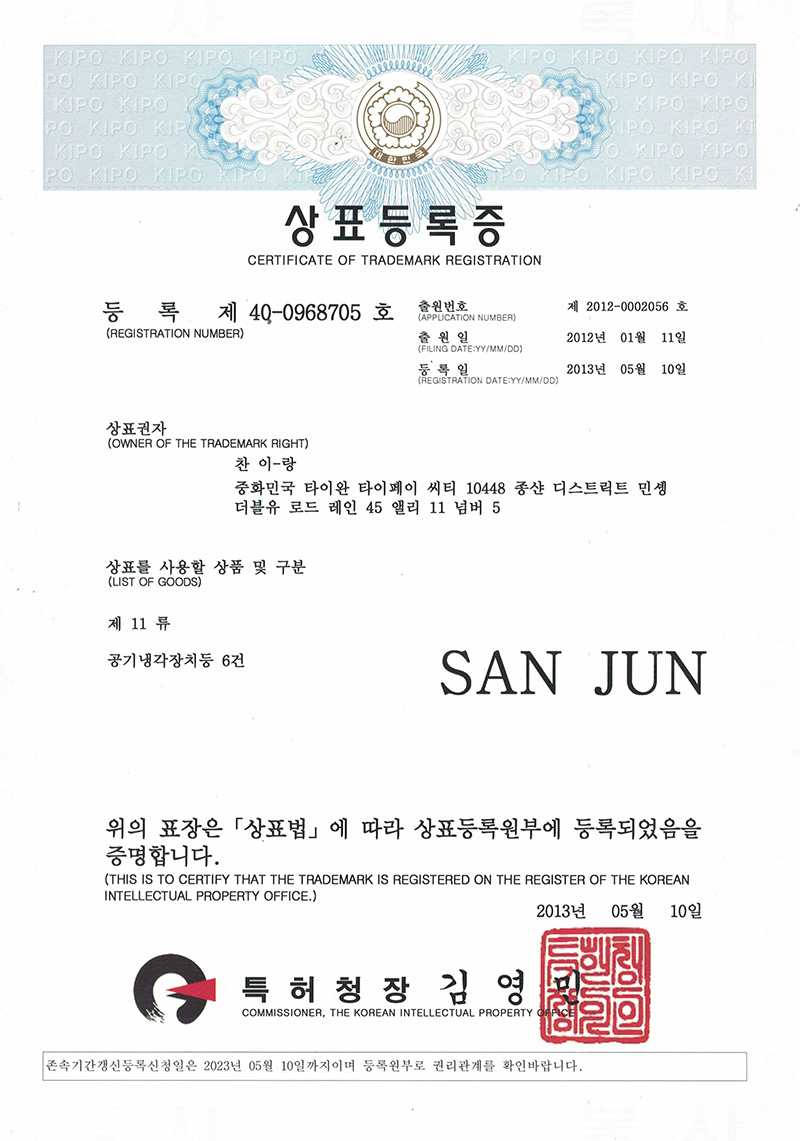 Sanjun korean trademark registration certificate